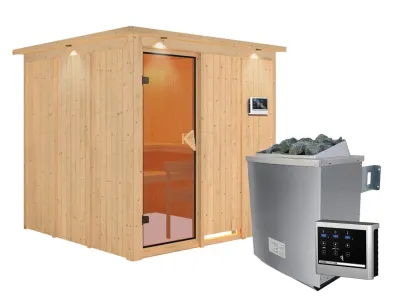 Systemsauna Rodin mit Dachkranz, bronzierte Ganzglastür, inkl. 9 kW Saunaofen ext. Steuerung Produktbild #4