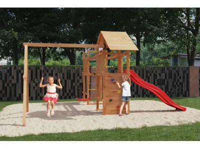 Spielturm Smart 5 Bridge teakfarben inkl. Rutsche rot Produktbild #2