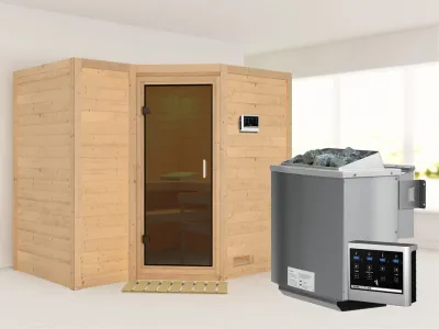 Massivholzsauna Sahib 2 graphit Ganzglastür, inkl. 9 kW Bio-Ofen ext. Steuerung Produktbild #1