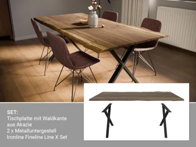 Tischplatte mit Waldkante aus Akazie SPARSET inkl. Metalluntergestell Ironline Fineline Line X Produktbild #2