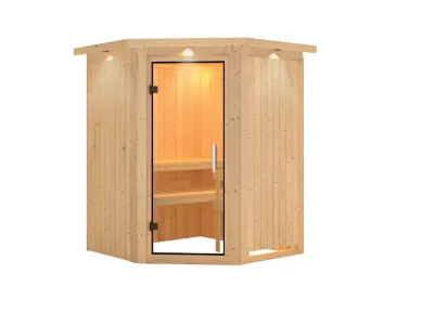 Sauna Systemsauna Larin mit Dachkranz, Klarglas Ganzglastür Produktbild #4