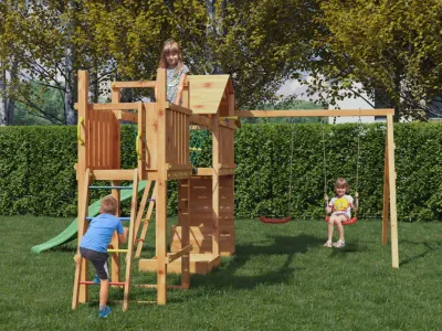 Spielturm Smart 4 Bridge teakfarben inkl. Rutsche grün Produktbild #3