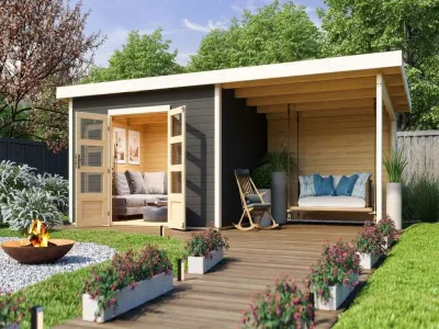 Gartenhaus SET Northeim 4 - Terragrau, inkl. 3,3 m Anbaudach + Rückwand Produktbild #1