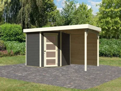Gartenhaus Schwandorf 5 19 mm terragrau inkl. 2,4 m Anbaudach + Rückwand Produktbild #1