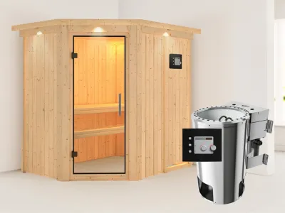 Sauna Systemsauna Saja mit Dachkranz, Klarglas Ganzglastür + Plug & Play Bio-Ofen mit ext. Strg. Produktbild #1