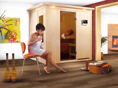 Sauna Systemsauna Bodin mit Dachkranz, inkl. 9 kW Bio-Ofen mit externer Steuerung Produktbild #1