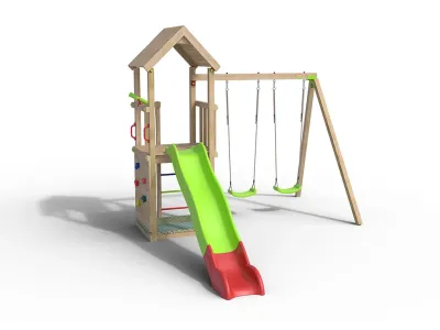 Spielturm Alice inkl. Doppelschaukel + Rutsche grün-rot Produktbild #1
