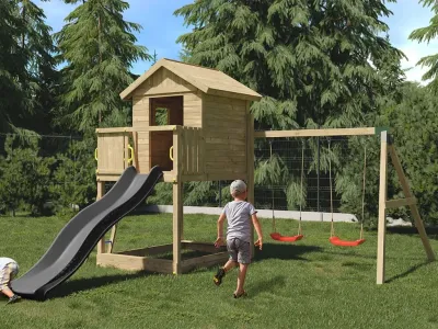 Spielturm Stelzenhaus Galaxy S inkl. Doppelschaukel kesseldruckimprägniert + Rutsche grau Produktbild #1