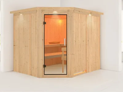 Sauna Systemsauna Malin mit Dachkranz, Klarglas Ganzglastür Produktbild #1
