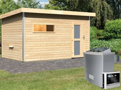 Saunahaus Skrollan 3 mit Milchglastür & Vorraum, inkl. 9 kW Saunaofen mit externer Steuerung Produktbild #1
