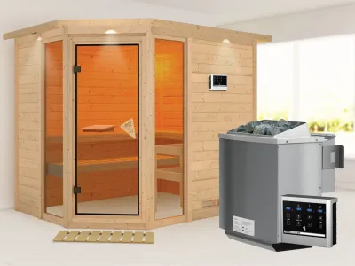 Sauna Massivholzsauna Sinai 3 mit Dachkranz, inkl. 9 kW Bio-Kombiofen ext. Steuerung Produktbild #1