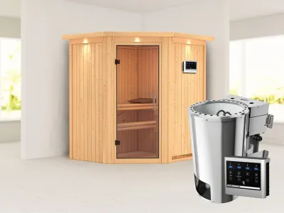 Sauna Systemsauna Tonja mit Dachkranz, Klarglas Ganzglastür + Plug & Play Bio-Ofen mit externer Steuerung