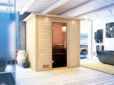 Sauna Massivholzsauna Sonja mit Dachkranz, graphit Ganzglastür Produktbild #1