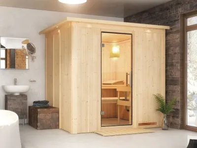 Sauna Systemsauna Daria mit Dachkranz, Klarglas Ganzglastür Produktbild #1