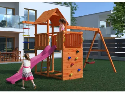 Spielturm Bento D teakfarben inkl. Rutsche pink Produktbild #1
