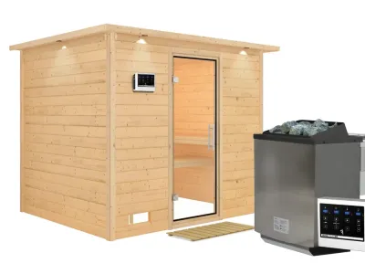 Massivholzsauna Sonara mit Dachkranz, Klarglas Ganzglastür Produktbild #3