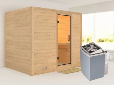 Sauna Massivholzsauna Sonara Klarglas Ganzglastür + 9 kW Saunaofen mit Steuerung Produktbild #1