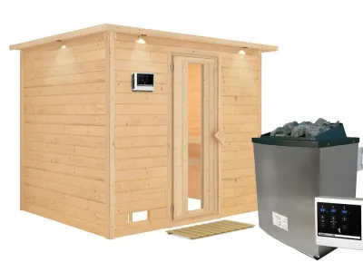 Massivholzsauna Sonara mit Dachkranz Holztür mit Isolierglas Produktbild #2