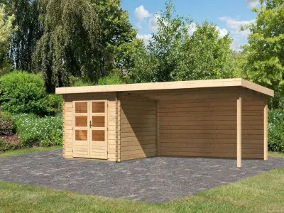 Gartenhaus Blockbohlenhaus SET Bastrup 4 28 mm naturbelassen, inkl. 4 m Anbaudach + Rückwand Produktbild #2