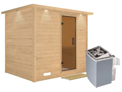 Massivholzsauna Sonara mit Dachkranz, graphit Ganzglastür, inkl. 9 kW Saunaofen integr. Steuerung Produktbild #2