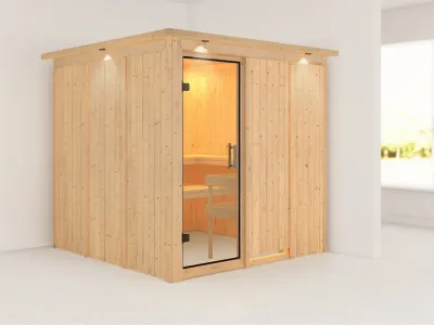 Sauna Systemsauna Rodin mit Dachkranz, Klarglas Ganzglastür Produktbild #1