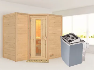Massivholzsauna Sahib 2 Holztür mit Isolierglas, inkl. 9 kW Ofen integr. Steuerung Produktbild #1