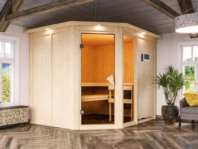 Sauna Systemsauna Fiona 3 mit Dachkranz, inkl. 9 kW Bio-Kombiofen ext. Steuerung Produktbild #1