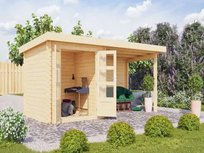 Gartenhaus Blockbohlenhaus SET Bastrup 2 28 mm naturbelassen, inkl. 3 m Anbaudach + Rückwand Produktbild #1