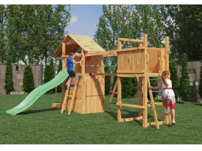 Spielturm Smart 7 Bridge teakfarben inkl. Rutsche grün Produktbild #3