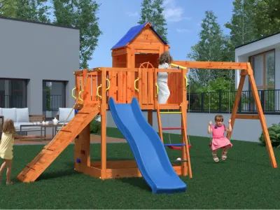 Spielturm Treehouse teakfarben inkl. Doppelschaukel + Rutsche Produktbild #5