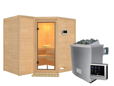 Sauna Massivholzsauna Sahib 2 Klarglas Ganzglastür + 9 kW Saunaofen mit ext.Strg Produktbild #6