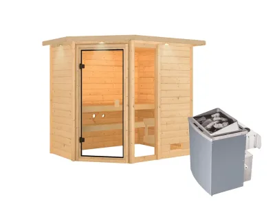 Sauna Jada mit bronzierter Glastür und Dachkranz + 9 kW Saunaofen integr. Strg. Produktbild #4