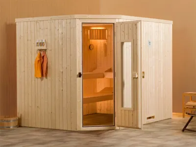 Sauna Elementsauna Varberg 3 HT isolierte Holztür mit Glasausschnitt Produktbild #1