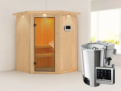 Sauna Systemsauna Nanja mit Dachkranz, inkl. Plug & Play Bio-Ofen externe Steuerung Produktbild #1