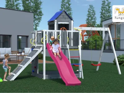 Spielturm Treehouse grau-weiß inkl. Doppelschaukel + Rutsche Produktbild #3