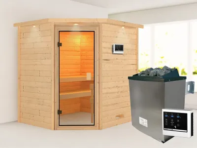 Sauna Elea mit bronzierter Glastür und Dachkranz + 9 kW Saunaofen ext. Strg. Produktbild #1