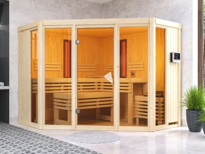 Multifunktionssauna Asta mit bronzierter Glastür + 9 kW Saunaofen ext. Strg. Produktbild #1