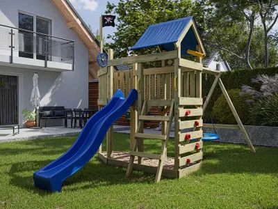 Spielturm Pirat Captain Snappy KDI mit Doppelschaukel inkl. Rutsche blau + Nestschaukel Produktbild #2