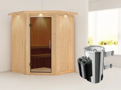 Sauna Systemsauna Nanja mit Dachkranz, graphit Ganzglastür + Plug & Play Saunaofen mit Steuerung Produktbild #1