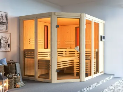 Multifunktionssauna Ava mit bronzierter Glastür + 9 kW Saunaofen ext. Strg. Produktbild #1