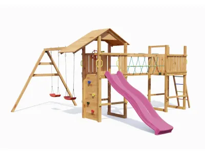 Spielturm Smart 5 Bridge teakfarben inkl. Rutsche pink Produktbild #5