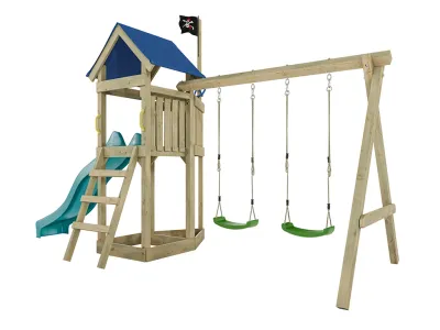 Spielturm Pirat Captain Jolly KDI mit Doppelschaukel inkl. Rutsche türkis + Sitz grün Produktbild #5