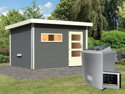 Saunahaus Skrollan 3 mit moderner Tür terragrau + 9 kW Saunaofen ext. Strg. Produktbild #1