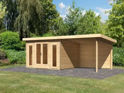Gartenhaus SET Radeburg 2 40 mm naturbelassen inkl. 3,3 m Anbaudach + Rückwand Produktbild #1