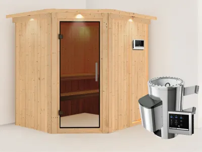 Sauna Systemsauna Lilja mit Dachkranz, graphit Ganzglastür + Plug & Play Saunaofen mit ext. Strg Produktbild #1
