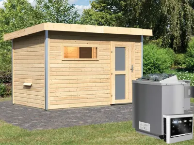 Saunahaus Skrollan 1 mit Milchglastür & Vorraum, inkl. 9 kW Bio-Kombiofen mit externer Steuerung Produktbild #1