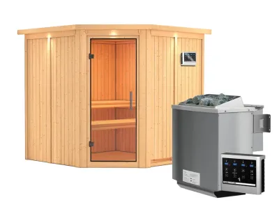 Sauna Systemsauna Jarin mit Dachkranz, Klarglas Ganzglastür + 9 kW Bio-Kombiofen mit ext. Strg Produktbild #4