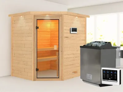Sauna Elea mit bronzierter Glastür und Dachkranz + 9 kW Bio-Kombiofen ext. Strg. Produktbild #1