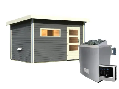 Saunahaus Skrollan 3 mit moderner Tür terragrau + 9 kW Saunaofen ext. Strg. Produktbild #2