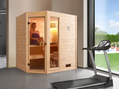 Sauna Massivholzsauna Valida Eck 1 GTF klare Ganzglastür und Fensterelement Produktbild #1